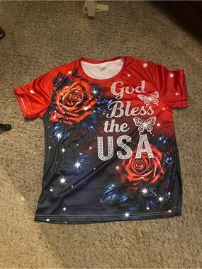 Patriotic "God Bless the USA" Red & Navy Tee with Roses